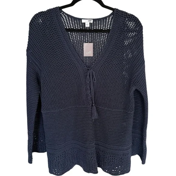 J.Jill NWT Beachy Open Knit Crochet Cotton Pullover Sweater Navy Blue Sz Small - Picture 2 of 7